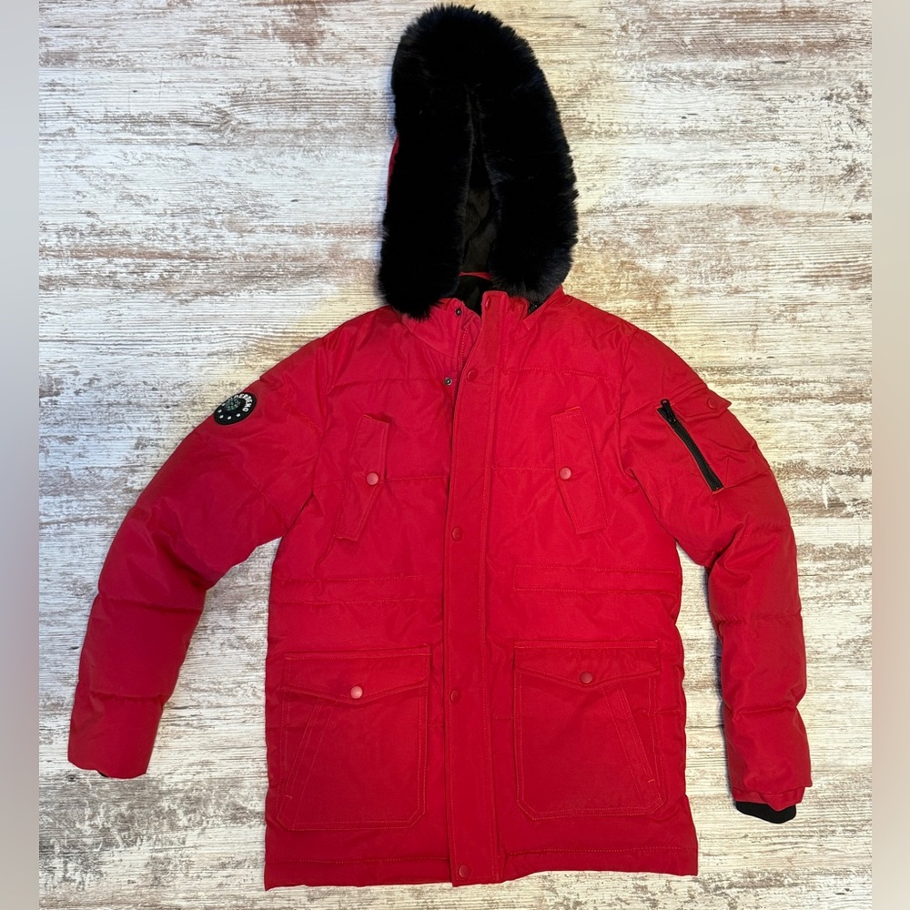 Stylish Red Puffer Jacket with Black Hood
